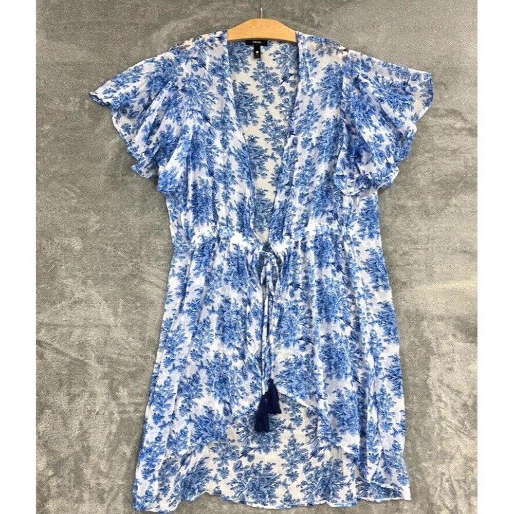 AQUA Blue Floral Kimono Short Sleeve Tie Waist Sheer Shawl Cover Up One Size